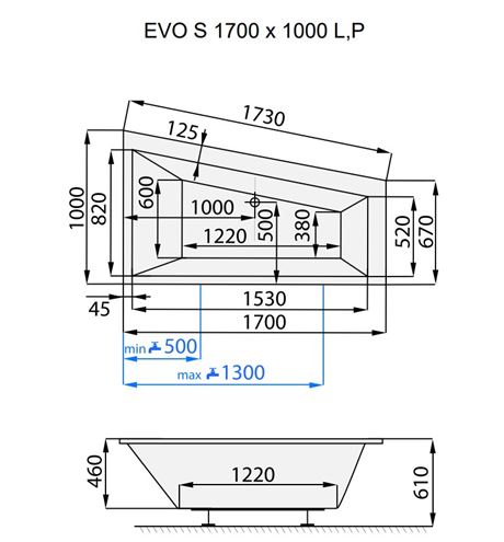 SANTECH EVO-S rohová vaňa 170x100 cm, bez nožičiek, akrylát SAEVO170L Technický nákres