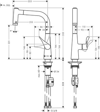 HANSGROHE METRIS M71 drezová batéria, s vyťahovacou sprškou, nerez 14834800 Technický nákres