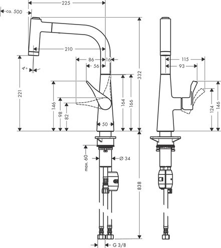 HANSGROHE METRIS M71 drezová batéria, s vyťahovacou sprškou, nerez 14834800 Technický nákres