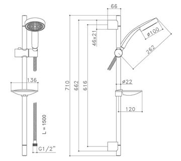 RAF sprchová súprava 4-dielna, ručná sprcha pr. 100 mm, tyč, hadica, mydelnička, chróm SK519 Technický nákres