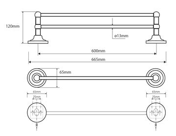 BEMETA RETRO držiak uterákov 600 mm, dvojramenný, zlatá/chróm 144204058 Technický nákres