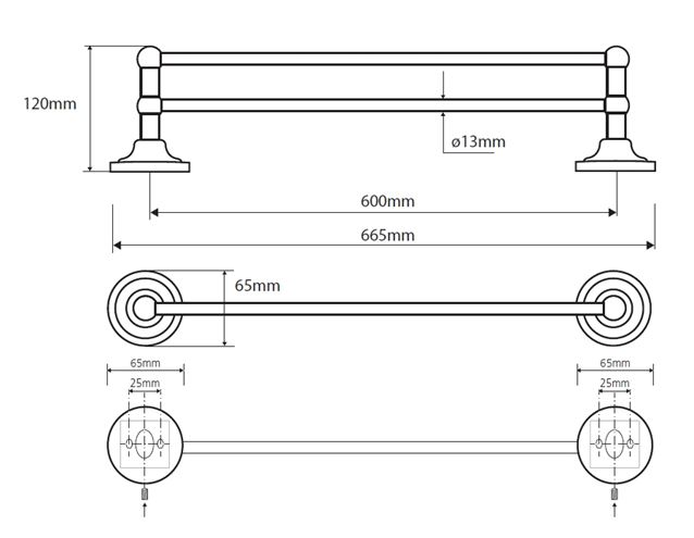 BEMETA RETRO držiak uterákov 600 mm, dvojramenný, zlatá/chróm 144204058 Technický nákres