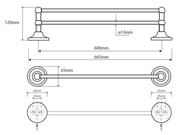 BEMETA RETRO držiak uterákov 665 mm, dvojramenný, chróm 144304052 Technický nákres
