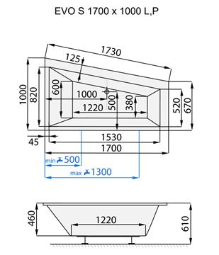 SANTECH EVO-S rohová vaňa 170x100 cm, bez nožičiek, akrylát SAEVO170P Technický nákres