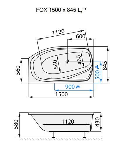SANTECH FOX rohová vaňa 150x84,5 cm, bez nožičiek, akrylát SAFOX150P Technický nákres