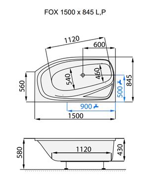 SANTECH FOX rohová vaňa 150x84,5 cm, bez nožičiek, akrylát SAFOX150P Technický nákres