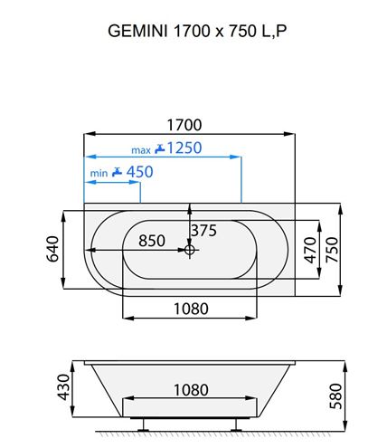 SANTECH GEMINI rohová vaňa 170x75 cm, pre 2 osoby, bez nožičiek, akrylát SAGEM170L Technický nákres