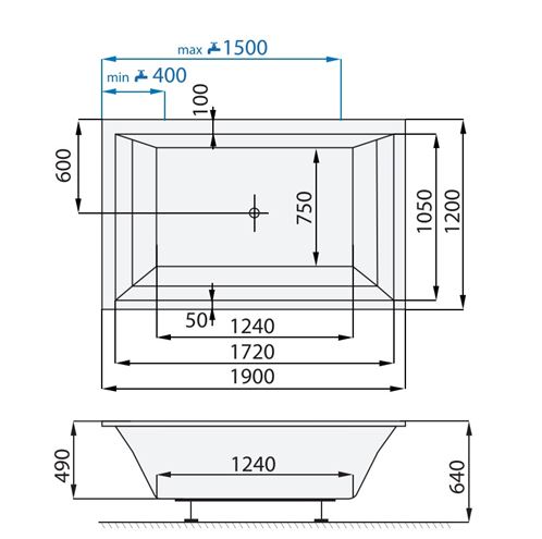 SANTECH LINEA XXL vaňa 190x120 cm, pre 2 osoby, bez nožičiek, akrylát SALIN190XXL Technický nákres