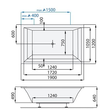 SANTECH LINEA XXL vaňa 190x120 cm, pre 2 osoby, bez nožičiek, akrylát SALIN190XXL Technický nákres