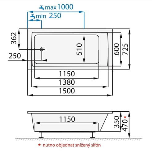 SANTECH ONE vaňa 150x72, 5 cm, bez nožičiek, akrylát SAONE150 Technický nákres
