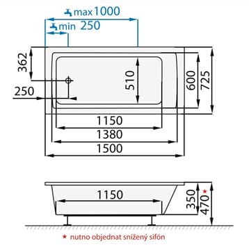 SANTECH ONE vaňa 150x72, 5 cm, bez nožičiek, akrylát SAONE150 Technický nákres