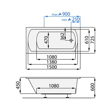 SANTECH SMART vaňa 150x72, 5 cm, bez nožičiek, akrylát SASMA150 Technický nákres