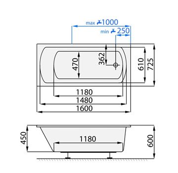 SANTECH SMART vaňa 160x72,5 cm, bez nožičiek, akrylát SASMA160 Technický nákres