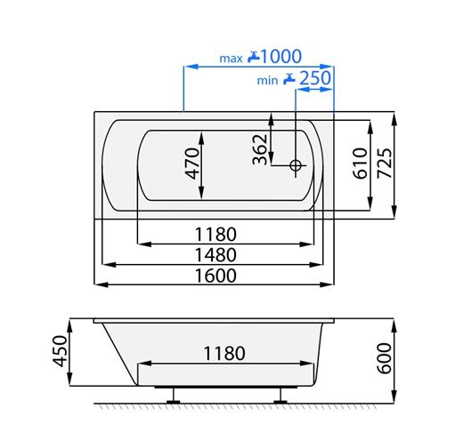 SANTECH SMART vaňa 160x72,5 cm, bez nožičiek, akrylát SASMA160 Technický nákres