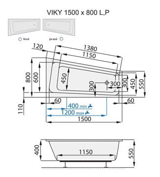 SANTECH VIKY rohová vaňa 150x80 cm, bez nožičiek, akrylát SAVIK150L Technický nákres