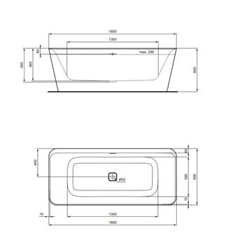 IDEAL STANDARD TONIC II voľne stojaca vaňa 180x80 cm, pre 2 osoby, akrylát E398101 Technický nákres
