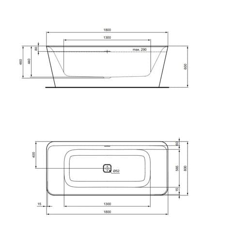 IDEAL STANDARD TONIC II voľne stojaca vaňa 180x80 cm, pre 2 osoby, akrylát E398101 Technický nákres
