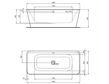 IDEAL STANDARD TONIC II voľne stojaca vaňa 180x80 cm, pre 2 osoby, akrylát E398201 Technický nákres