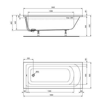IDEAL STANDARD HOTLINE NEW vaňa 180x80 cm, bez nožičiek, akrylát K274801 Technický nákres