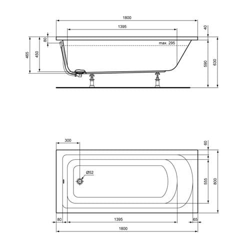 IDEAL STANDARD HOTLINE NEW vaňa 180x80 cm, bez nožičiek, akrylát K274801 Technický nákres