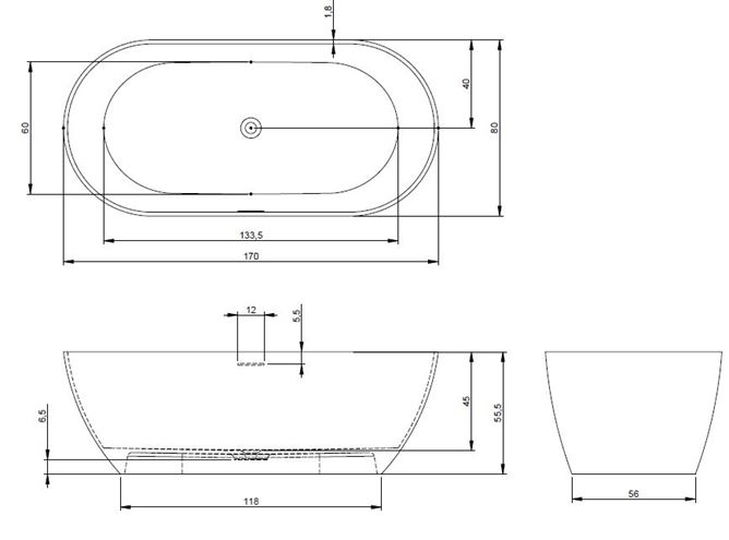 RIHO BILBAO voľne stojaca vaňa 170x80 cm, pre 2 osoby, liaty mramor B118001105 Technický nákres