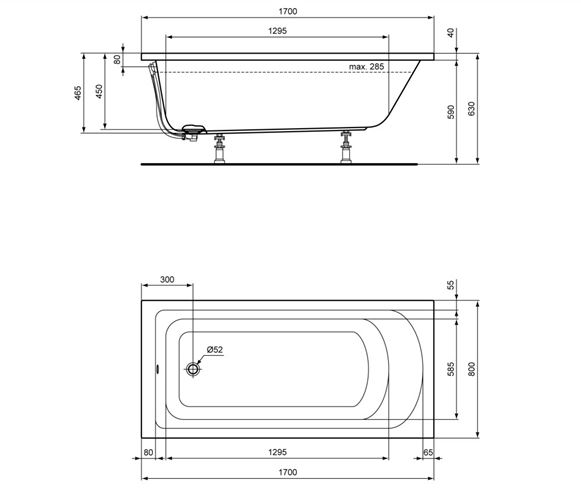 IDEAL STANDARD HOTLINE vaňa 170x80 cm, bez nožičiek, akrylát K274701 Technický nákres