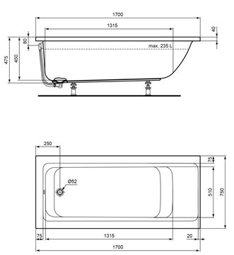 IDEAL STANDARD CONNECT AIR vaňa 170x75 cm, bez nožičiek, akrylát E106401 Technický nákres