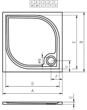 RIHO KOLPING DB20 sprchová vanička 80x80 cm, liaty mramor, s nožičkami, s protišmykom D004004005 Technický nákres