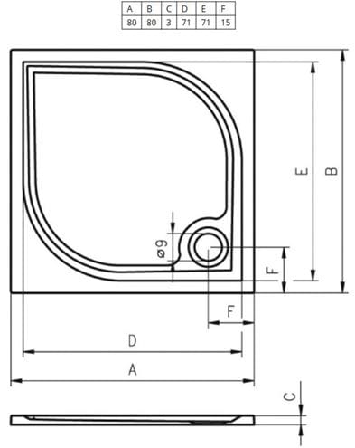 RIHO KOLPING DB20 sprchová vanička 80x80 cm, liaty mramor, s nožičkami, s protišmykom D004004005 Technický nákres