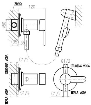 RAV SLEZÁK ZAMBEZI bidetová podomietková batéria, so spŕškou, s telesom, chróm ZA047/1 Technický nákres