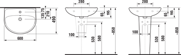 JIKA LYRA PLUS umývadlo 60 cm, s otvorom pre batériu a prepadom H8143830001041 Technický nákres