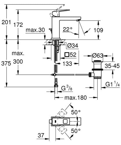GROHE EUROCUBE umývadlová stojanková batéria, s odtokovou súpravou, kartáčovaný hard graphite 23445AL0 Technický nákres