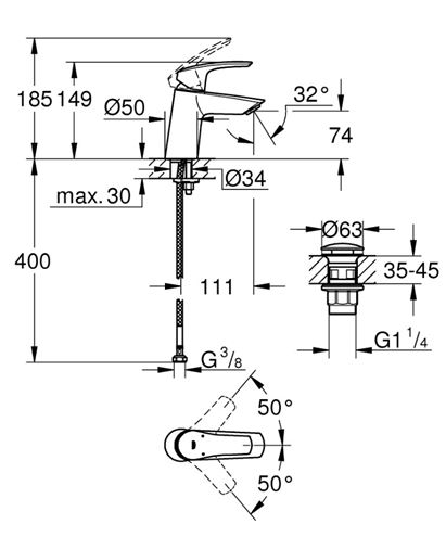 GROHE EUROSMART umývadlová stojanková batéria, s odtokovou súpravou, chróm 23968003 Technický nákres