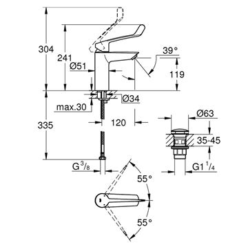GROHE EUROSMART umývadlová stojanková batéria, s odtokovou súpravou, chróm 23983003 Technický nákres