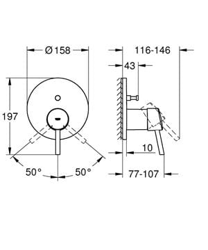 GROHE CONCETTO vaňová podomietková batéria, s prepínačom, chróm 24054001 Technický nákres