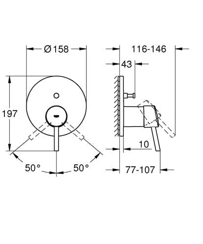 GROHE CONCETTO vaňová podomietková batéria, s prepínačom, chróm 24054001 Technický nákres
