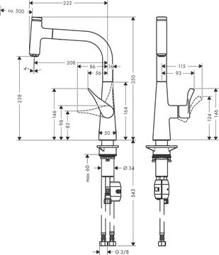 HANSGROHE METRIS SELECT M71 drezová batéria, s vyťahovacou koncovkou, nerez 14857800 Technický nákres