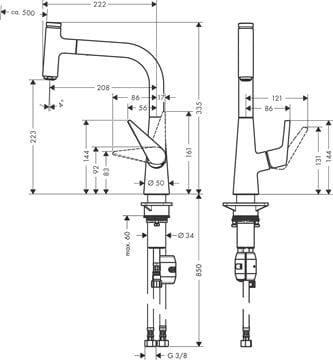 HANSGROHE TALIS SELECT M51 drezová batéria, s vyťahovacou koncovkou, nerez 72822800 Technický nákres