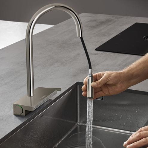 HANSGROHE AQUNO SELECT M81 drezová batéria, s vyťahovacou sprškou a plochým sprchovacím prúdom, sBox, EcoSmart, nerez 73831800 Obrázek - fotka