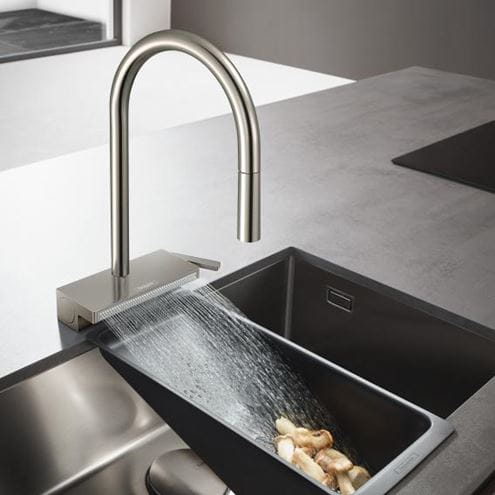 HANSGROHE AQUNO SELECT M81 drezová batéria, s vyťahovacou sprškou a plochým sprchovacím prúdom, nerez 73837800 Obrázek - fotka
