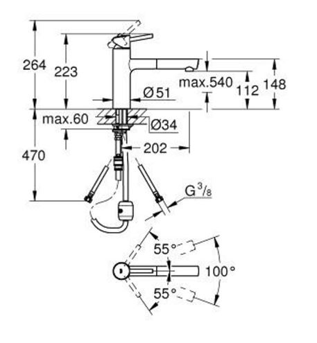 GROHE CONCETTO drezová batéria, s vyťahovacou koncovkou, chróm 31129001 Technický nákres