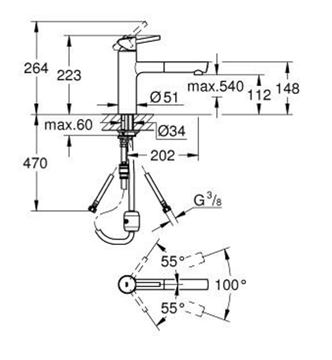 GROHE CONCETTO drezová batéria, s vyťahovacou koncovkou, chróm 31129001 Technický nákres