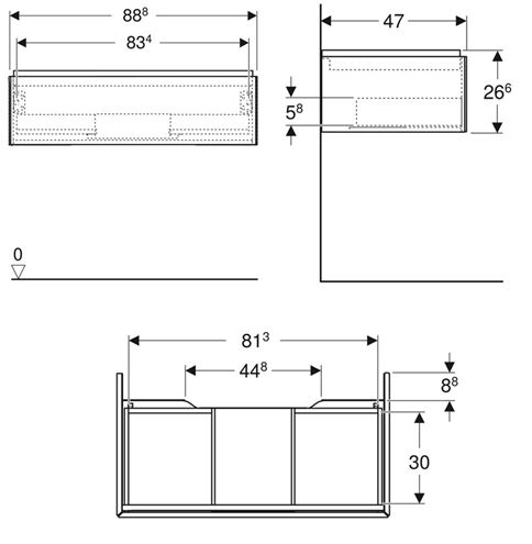 GEBERIT ONE skrinka pod umývadlo 88,8x26,6x47 cm, 1 zásuvka, Push-open, matná čierna 505.073.00.8 Technický nákres