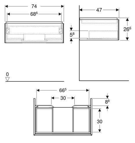 GEBERIT ONE skrinka pod umývadlo 74x26, 6x47 cm, 1 zásuvka, Push-open, matná čierna 505.072.00.8 Technický nákres
