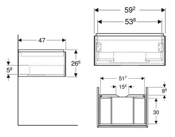 GEBERIT ONE skrinka pod umývadlo 59,2x26,6x47 cm, závesná, 1 zásuvka, Push-open, lesklá biela 505.071.00.1 Technický nákres