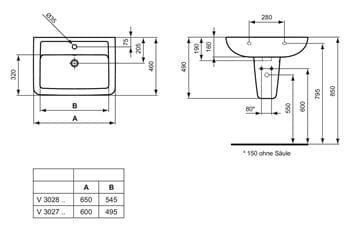 IDEAL STANDARD EUROVIT umývadlo 60 cm, s otvorom pre batériu a prepadom V302701 Technický nákres