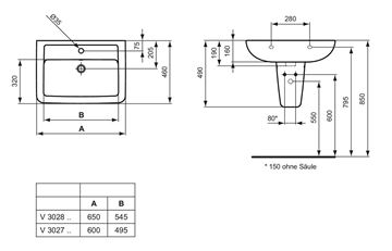 IDEAL STANDARD EUROVIT umývadlo 65 cm, s otvorom pre batériu a prepadom V302801 Technický nákres