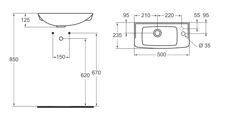 IDEAL STANDARD EUROVIT umývadielko 50 cm, s otvorom pre batériu vpravo, bez prepadu R421901 Technický nákres