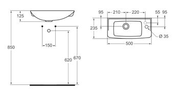 IDEAL STANDARD EUROVIT umývadielko 50 cm, s otvorom pre batériu vpravo, bez prepadu R421901 Technický nákres