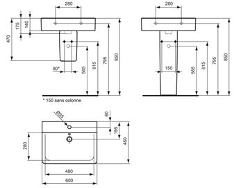 IDEAL STANDARD CONNECT CUBE umývadlo 60 cm, s otvorom pre batériu a prepadom E714101 Technický nákres